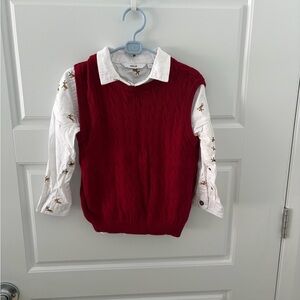 Classic Red Knit Vest with White Embroidered Shirt
